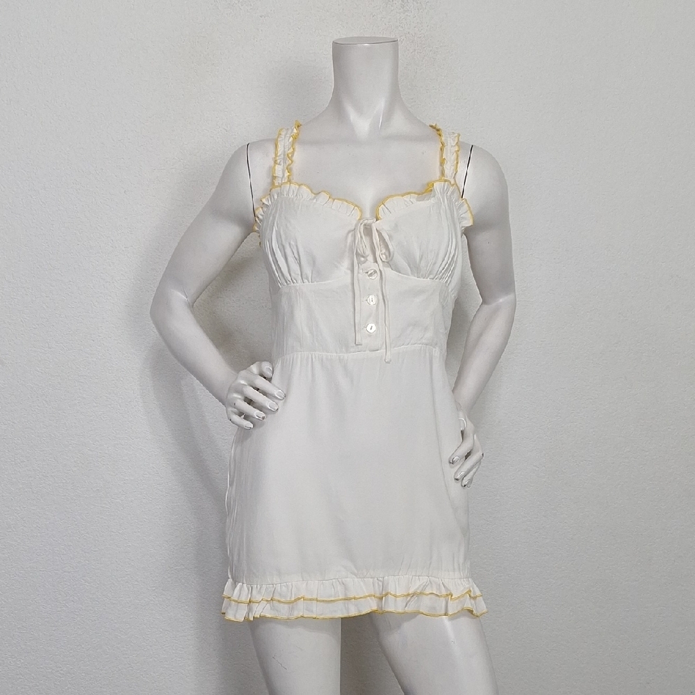 Privacy Please White Yellow Sweetheart Neck Ruffle Coquette Mini Dress Size M